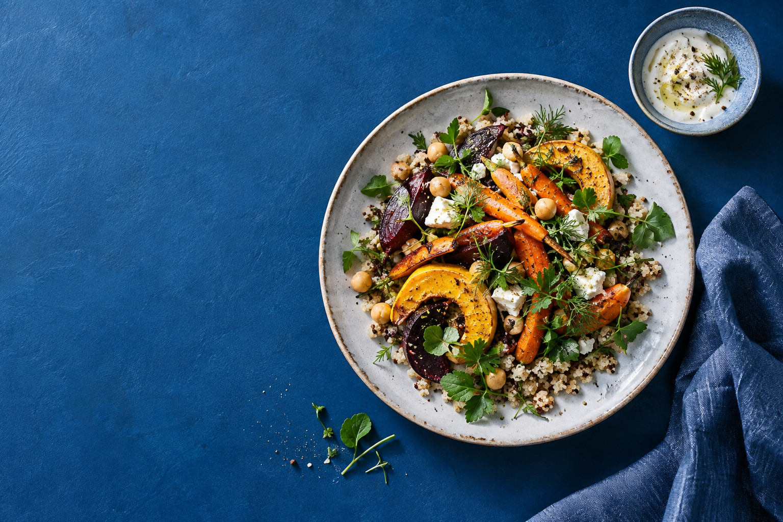 A colourful everyday meal with roasted vegetables, grains and fresh herbs on a blue table